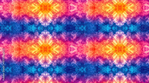 Vibrant seamless pattern of optical tie dye kaleidoscope blur with washed out symmetry and ombre effect ideal for 80s style retro fashion textiles photo