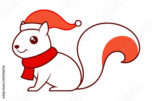  Vector Outline of A cute Squirrel wearing a Santa clause hat and scarf on white background.