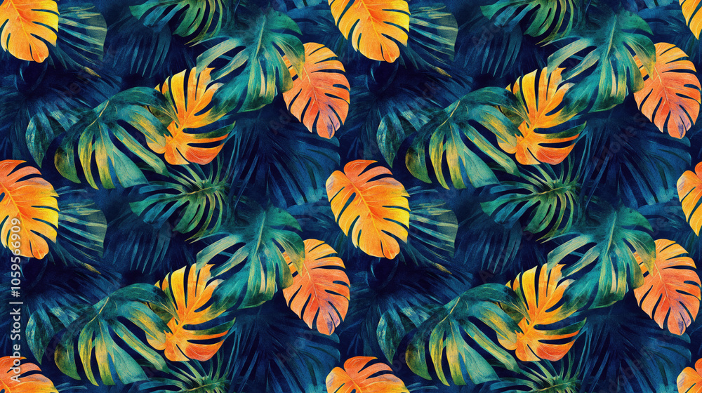 Naklejka premium Tropical leaves seamless pattern featuring vibrant watercolor designs of banana palms ideal for summer swimwear fabric prints