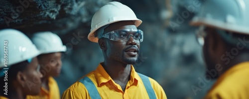 African Male Leader Speaking to His Team in a Modern Underground Mine Site Generative AI