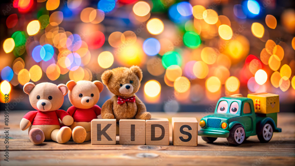Fototapeta premium Teddy bears and a toy car with 'KIDS' blocks against a vibrant, bokeh light backdrop, perfect for children's themes.