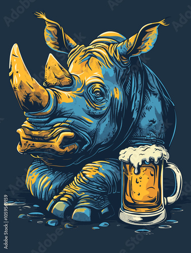 Rhino is laying down with a beer in its mouth. The rhino is drinking the beer and he is enjoying it
