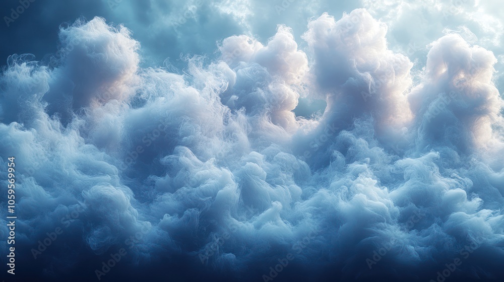 Fototapeta premium Dramatic, thick, white clouds filling the sky with a hint of sunlight.