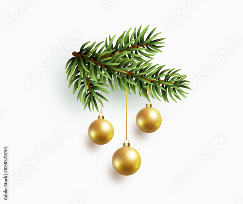 Christmas tree balls and green fir branch isolated on white background. Vector pine evergreen plant element with gold xmas ornaments