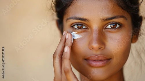 Indian woman applying face cream with visible skin texture, skincare and beauty concept Generative AI