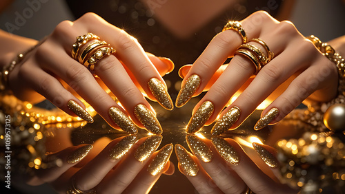 Female hand displaying an elegant golden nail art design.