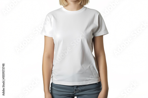 A young Caucasian female model wearing a plain white t-shirt, emphasizing simplicity and casual style against a neutral backdrop. photo