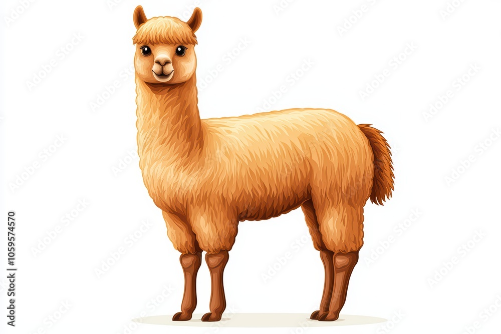 Fototapeta premium A cartoon brown llama standing proudly on a white isolated background.