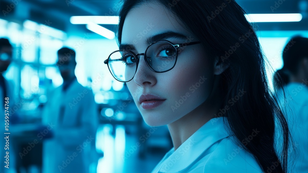 Fototapeta premium Female Scientist in Modern Laboratory with Team of Specialists Generative AI