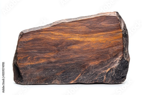 A polished piece of petrified wood with rich brown tones, on a white isolated background.