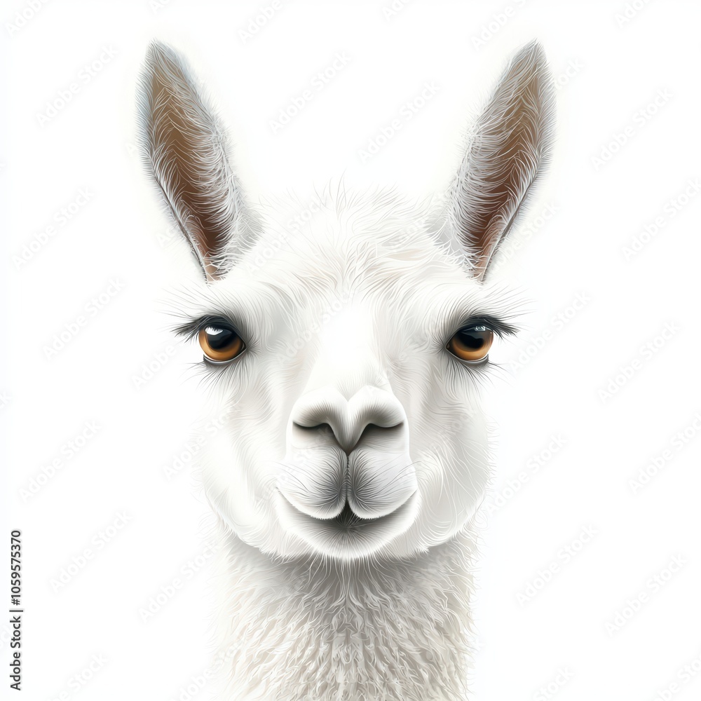 Fototapeta premium Adorable llama portrait with big eyes and soft fur, white isolated background.