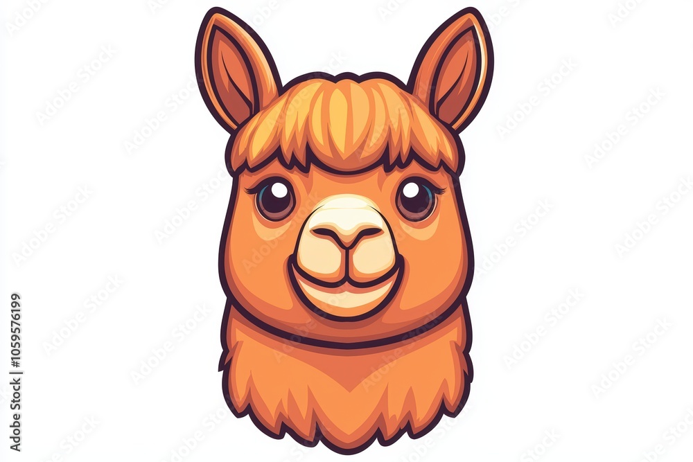 Naklejka premium Cheerful cartoon llama head with colorful fur, smiling expression, on a white isolated background.