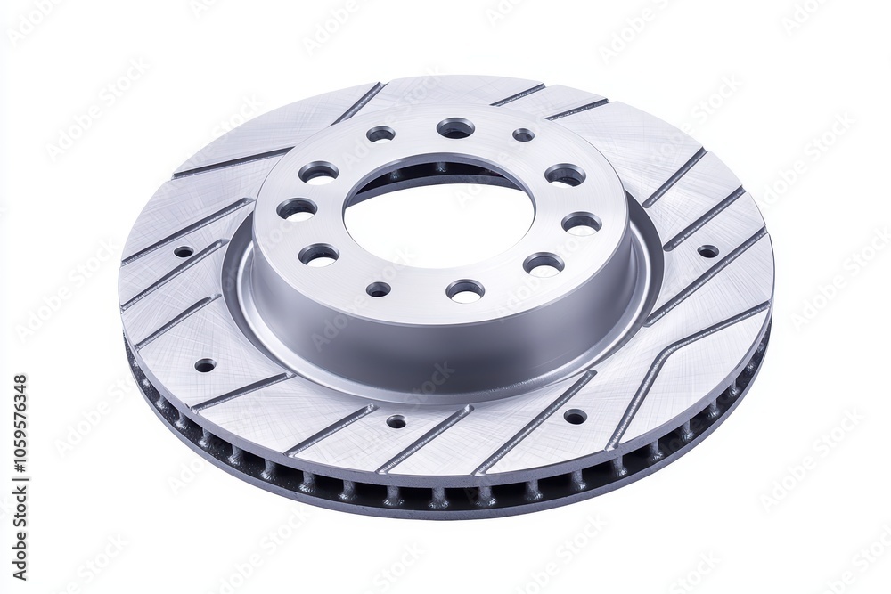 Close-up of a modern, ventilated brake disc for enhanced vehicle braking performance. Close-up of a modern, ventilated brake disc for enhanced vehicle braking performance.
