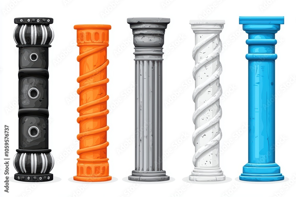 Fototapeta premium Colorful decorative columns in various styles, isolated on a white background.