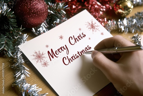 Handwriting a festive message with Christmas decorations around a card photo