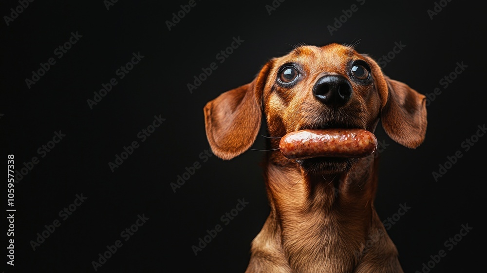 Dog with Sausage on Plain Background, Studio Photography Generative AI Dog with Sausage on Plain Background, Studio Photography Generative AI