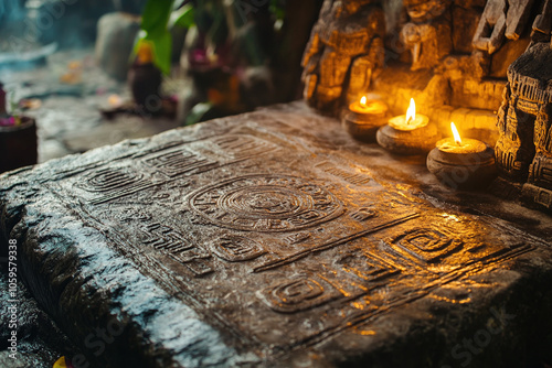 Mayan altar with glyphs related to offerings. photo