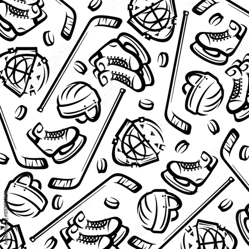 Hockey background, pattern set. Collection icons hockey. Vector