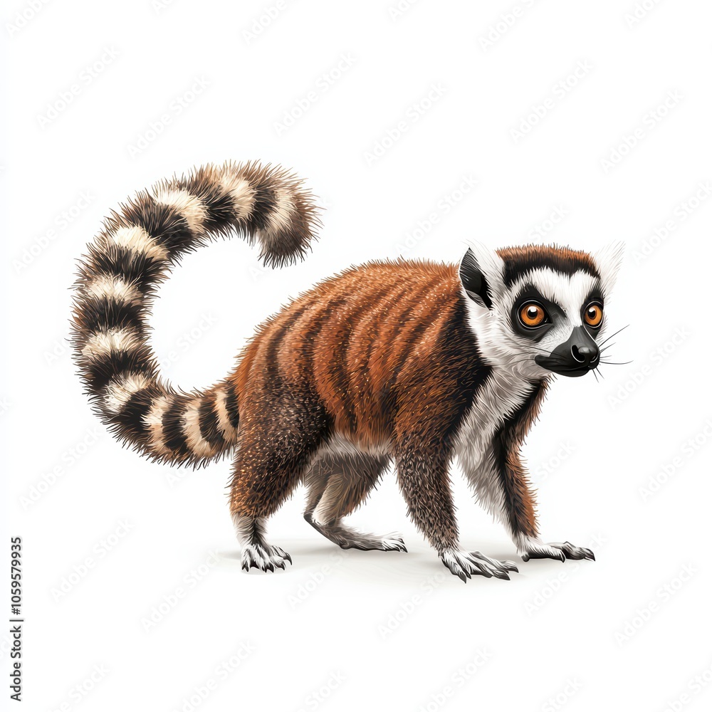 Fototapeta premium Lemur with distinctive striped tail, playful expression, white isolated background.