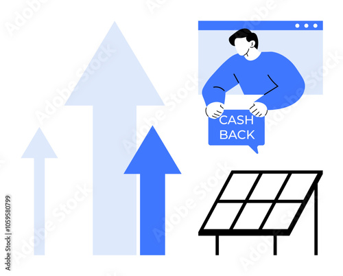 Arrows pointing upwards, a man holding a cash back sign, and solar panels demonstrate growth, financial savings, sustainability, and clean energy benefits. Ideal for renewable energy, financial