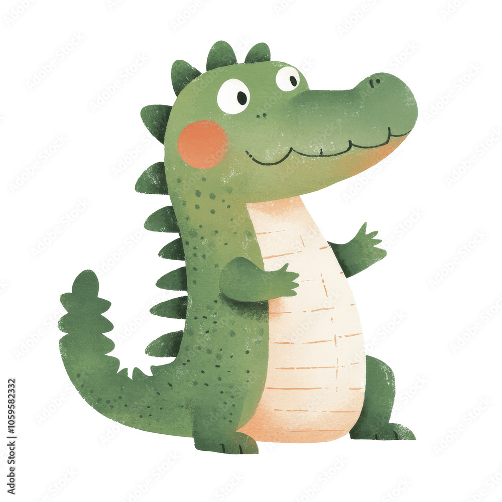 Fototapeta premium Cute green cartoon crocodile smiling happily, cut out transparent