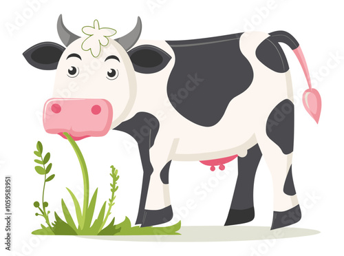 Vector illustration of a spotted cow eating grass, with expressive, detailed shading and a calm colour  photo