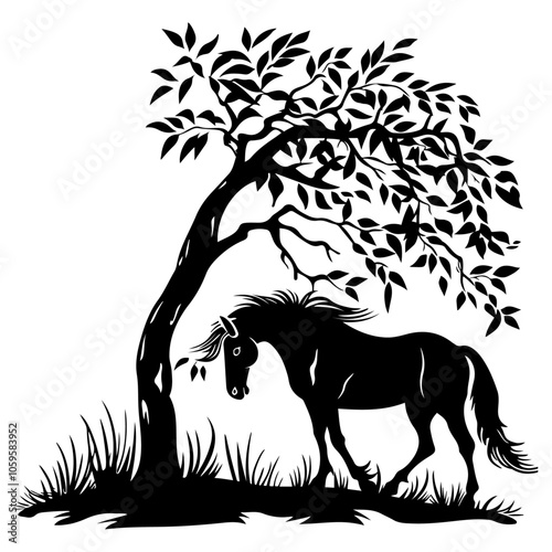 A peaceful silhouette illustration of a horse standing under a leafy tree. The horse appears calm, gently interacting with the foliage, creating a serene natural scene.