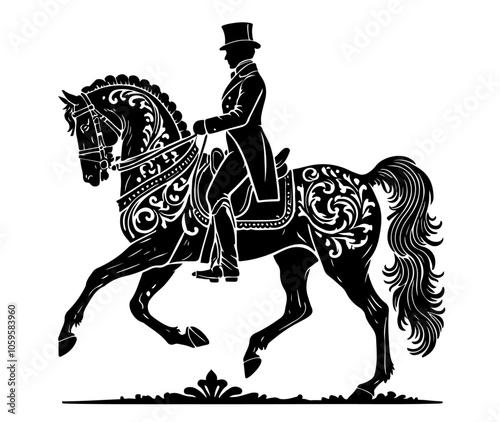 A detailed silhouette of a rider elegantly dressed in a top hat and suit, riding a highly decorated horse. The artwork captures the grace and formality of equestrian dressage.