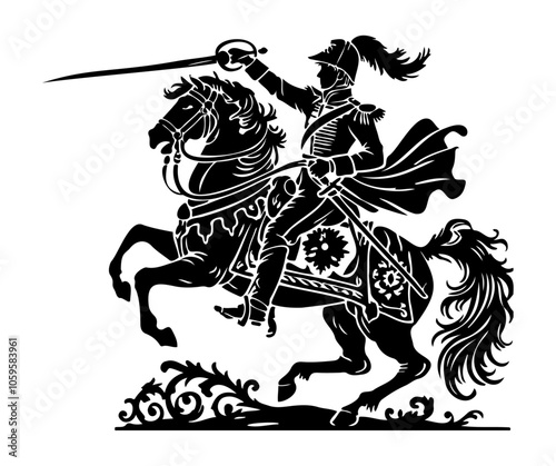 A dynamic silhouette of a warrior riding a rearing horse, brandishing a sword. The artwork has intricate detailing on both the warrior’s attire and the horse’s harness, symbolizing courage and strengt