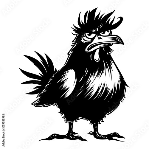 A humorous black-and-white illustration of a rooster with a disheveled look and a grumpy expression. The cartoonish style emphasizes the rooster’s ruffled feathers and irritated demeanor.