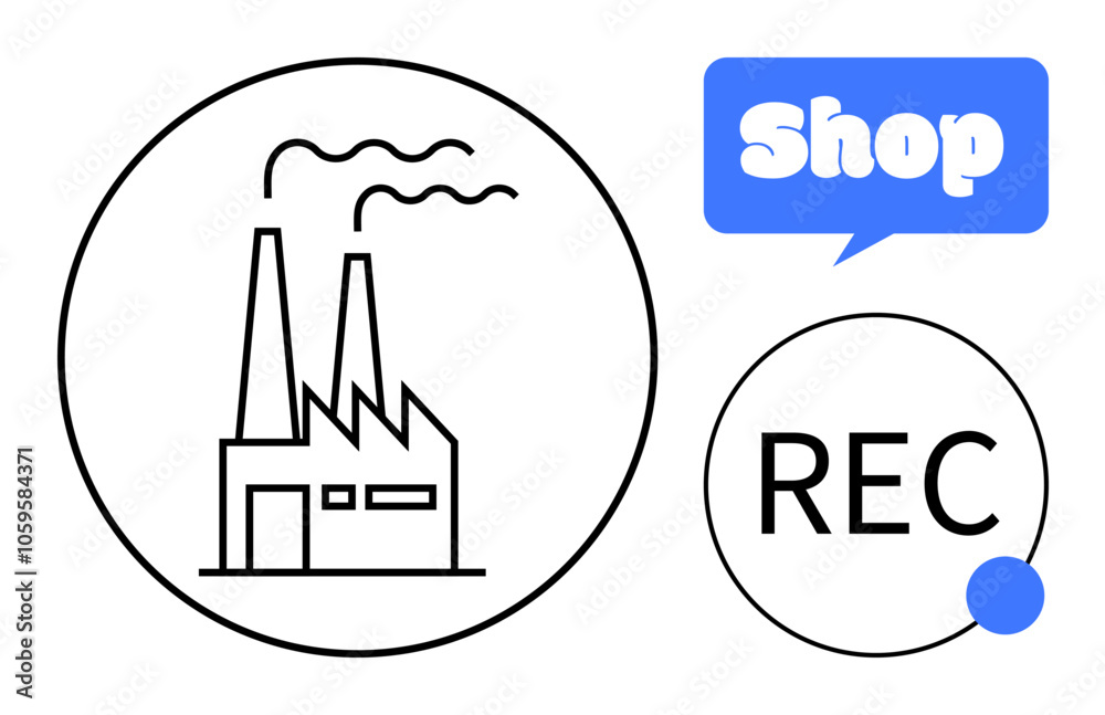 Fototapeta premium Icon of a factory building with smoke coming from chimneys in a circle alongside Shop speech bubble and REC circle. Ideal for business, industry, shopping, recording, vector art themes. Simple line