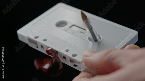 A ballpoint pen is inserted into the hub of a retro white audio cassette, the pen is turned to wind slack audio tape back into the cassette. 