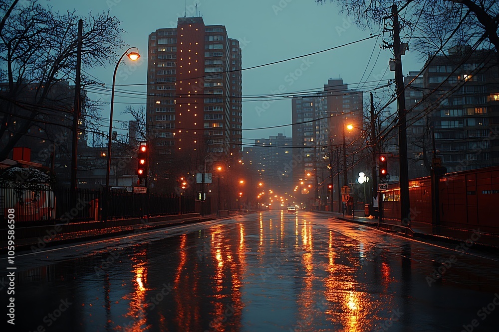 Fototapeta premium A cinematic view of a rain-soaked city street at night