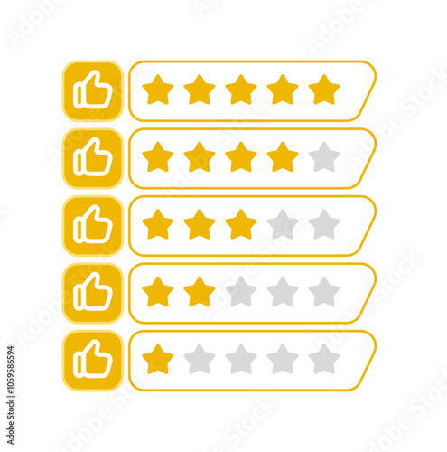 Rating stars set: includes feedback evaluation with thumbs up, customer reviews, and user reviews featuring a five-star ranking system. Represents levels of satisfaction. Vector illustration.