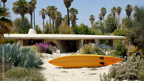 A yellow surfboard lies in front of a modern home in a palm tree grove