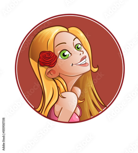 Cute Cartoon Girl with Blonde Hair and Green Eyes, cartoon vector art illustration