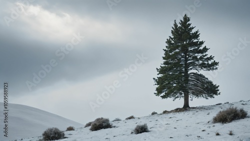 Lone pine tree on a snowy hillside