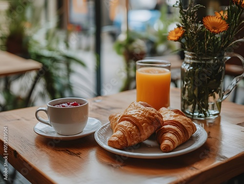 A cozy cafe breakfast with croissants jam freshly squeezed photo