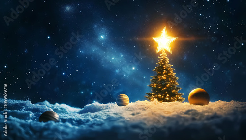 Illuminated Christmas Tree with Star in Starry Galaxy Background on a Snowy Planet Surface