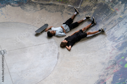  Two Friends Chatting on Skatepark Benches