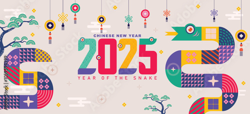 chinese new year 2025, year of the snake background with modern flat concept