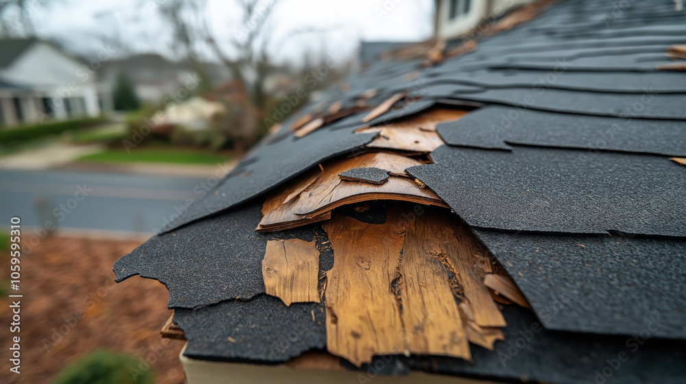 Close-up view of damaged roof shingles with underlying wood exposed, highlighting deterioration and need for roof repair in a residential area.