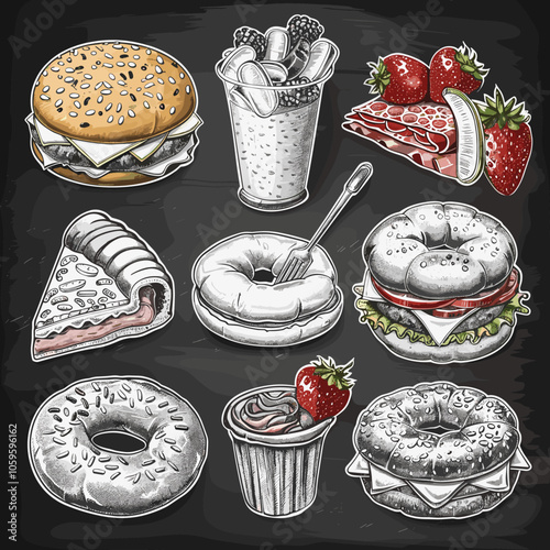 Collection of food items including donuts, sandwiches, and a cup of coffee. The image has a casual and relaxed vibe, with the food items arranged in a way that makes them look appetizing
