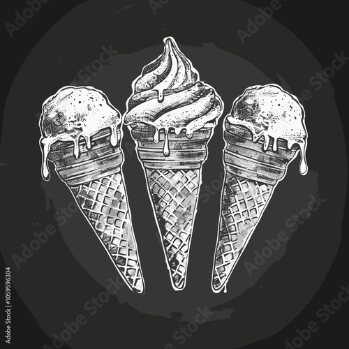 Three ice cream cones with drizzles of chocolate sauce on top. The image has a vintage feel to it