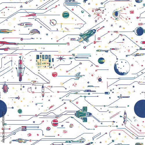 Seamless Futuristic Space Ships and Planets Circuit Design
