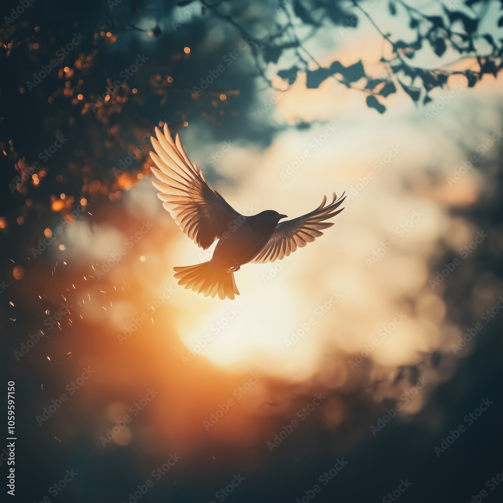 Obraz premium A bird elegantly soars against a dramatic sunset backdrop, with trees framing the scene in a magical glow.