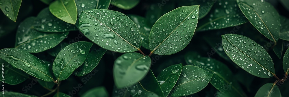 Fototapeta premium A detailed shot of vibrant green leaves adorned with shimmering raindrops, emphasizing freshness and natural beauty.