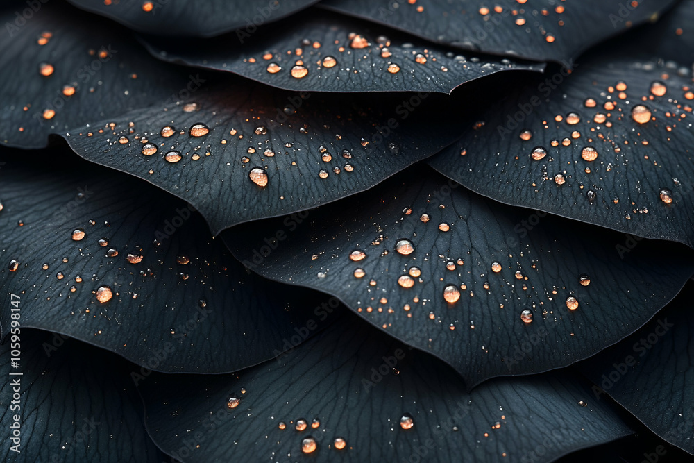 Obraz premium A captivating close-up of dark, textured leaves adorned with glistening droplets, creating a striking visual contrast.