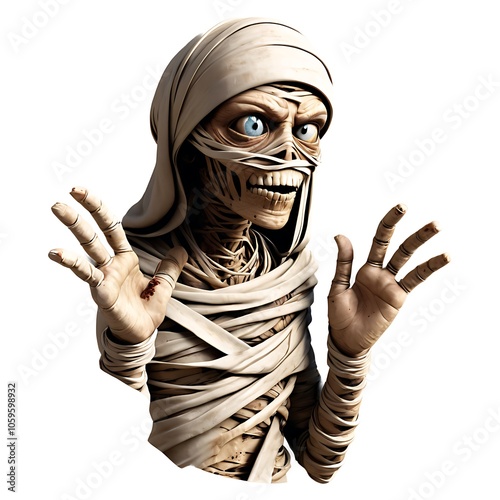 A startled mummy with its arms outstretched in a white background. photo