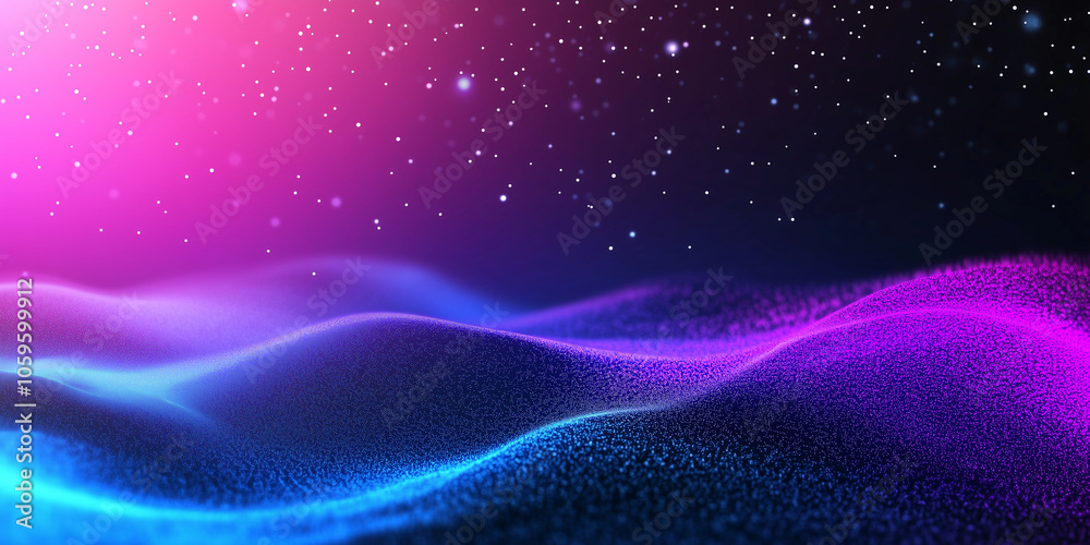 Obraz premium A vibrant abstract design featuring a deep purple and black base with neon blue gradients, layered with noise texture for a grainy, glowing effect, ideal for bold poster or header